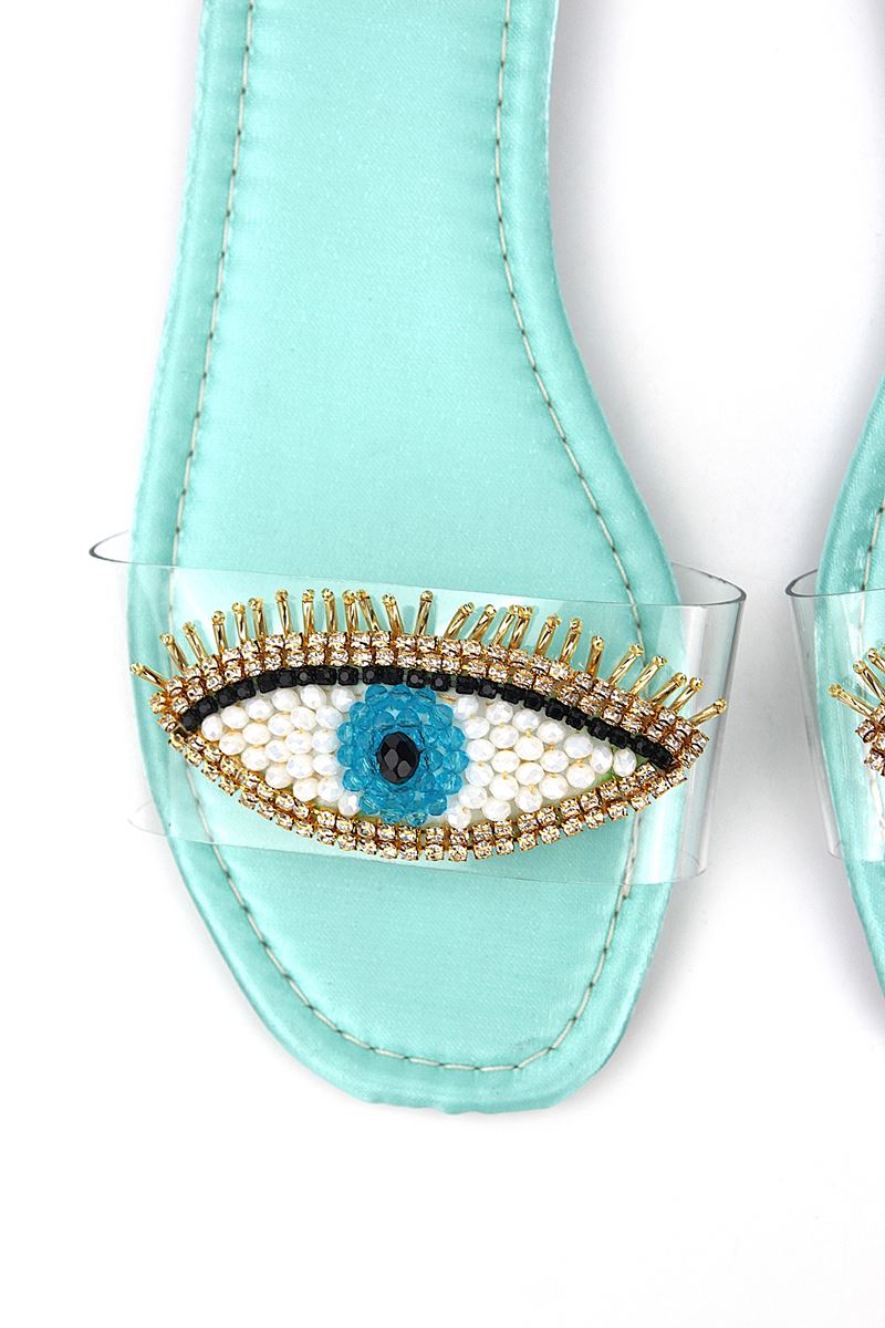 Eye Bead Turkuaz Parlak Saten El Yapımı Doğal Taş Kadın Terlik