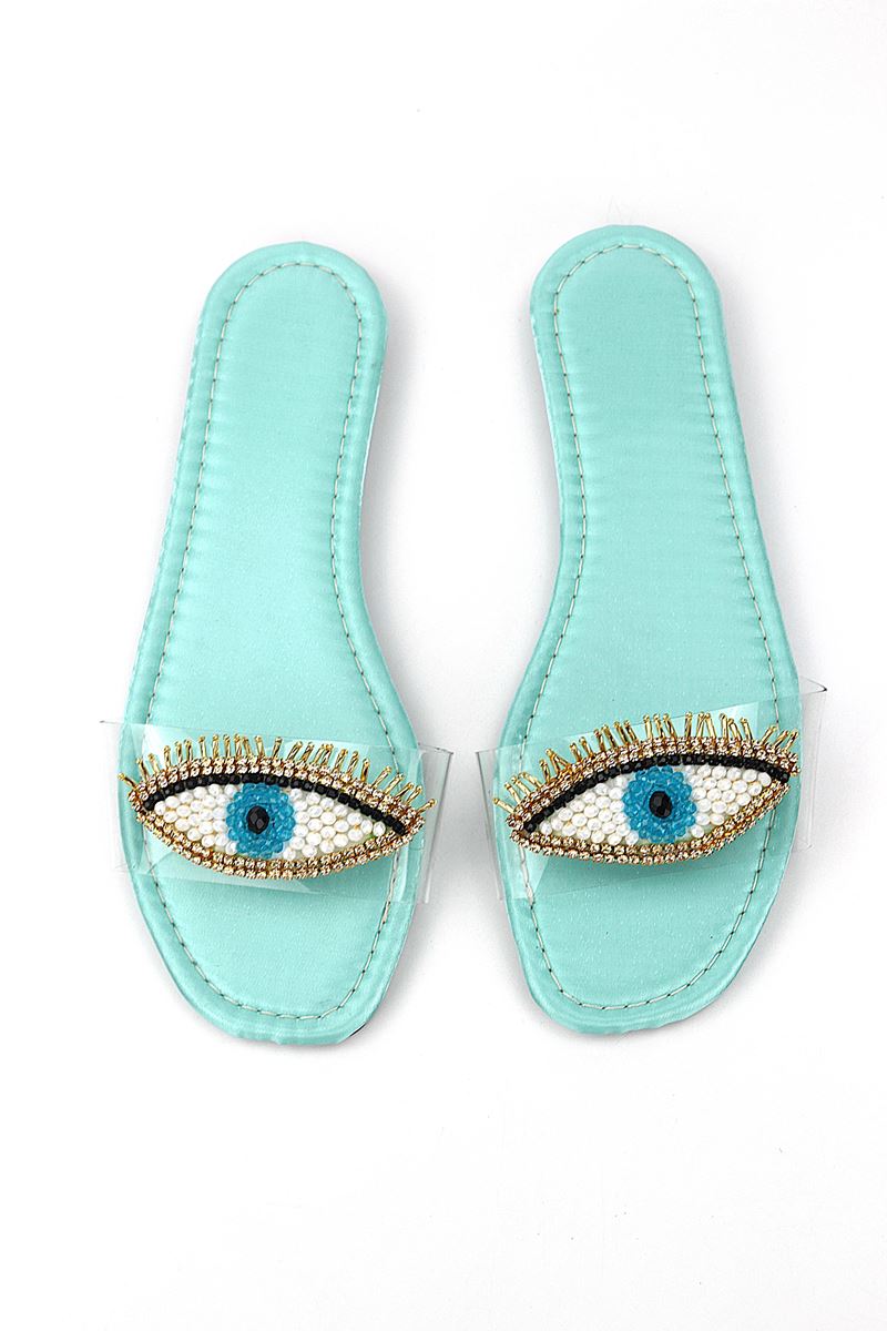 Eye Bead Turkuaz Parlak Saten El Yapımı Doğal Taş Kadın Terlik