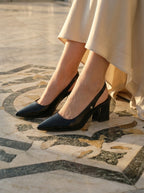 İlya Esnek Yumuşak Kaymaz Taban (4 cm) Siyah Rugan Açık Lastikli Kadın Kalın Topuklu Ayakkabı