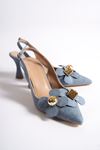 Tweety Açık Kot Çiçekli Orta Topuklu (6 cm) Klasik Topuklu Ayakkabı