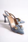 Chiara Açık Kot Çiçekli Orta Topuklu (8 cm) Klasik Topuklu Ayakkabı