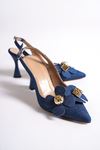 Chiara Lacivert Kot Çiçekli Orta Topuklu (8 cm) Klasik Topuklu Ayakkabı