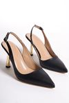 Etta Siyah Cilt Altın Ökçe Detaylı Orta Topuklu (8 cm) Klasik Topuklu Ayakkabı