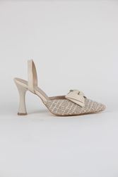 Amaris Bej Desenli Kumaş Fiyonklu Orta Topuklu(8 cm) Klasik Topuklu Ayakkabı