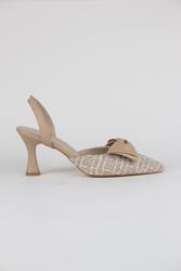 Ember Nude Desenli Kumaş Fiyonklu Orta Topuklu(6 cm) Klasik Topuklu Ayakkabı