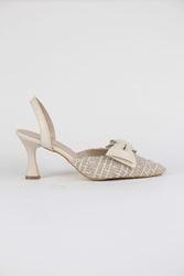 Ember Bej Desenli Kumaş Fiyonklu Orta Topuklu(6 cm) Klasik Topuklu Ayakkabı