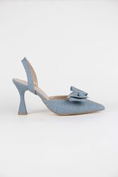 Amaris Mavi Kot Fiyonklu Orta Topuklu(8 cm) Klasik Topuklu Ayakkabı