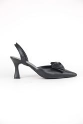 Ember Siyah Cilt Fiyonklu Orta Topuklu(6 cm) Klasik Topuklu Ayakkabı