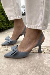 Ember Mavi Kot Fiyonklu Orta Topuklu(6 cm) Klasik Topuklu Ayakkabı