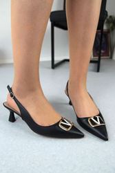 Caitlin Siyah Cilt Tokalı Alçak Topuklu(4 cm) Klasik Topuklu Ayakkabı