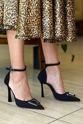 Carla Siyah Süet Kemik Tokalı Yüksek Topuklu (10 cm) Klasik Topuklu Ayakkabı