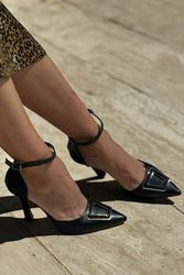 Carla Siyah Cilt Kemik Tokalı Yüksek Topuklu (10 cm) Klasik Topuklu Ayakkabı