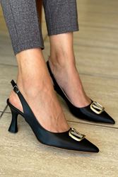 Tweety Siyah Cilt Tokalı Orta Topuklu (6 cm) Klasik Topuklu Ayakkabı