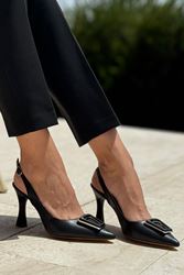 Hayley Siyah Cilt Kemik Tokalı Orta Topuklu(8 cm) Klasik Topuklu Ayakkabı