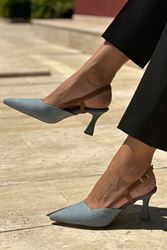 Harriet Mavi Kot Orta Topuklu(6 cm) Klasik Topuklu Ayakkabı
